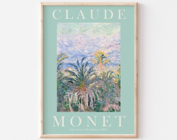 Claude Monet Palm Trees at Bordighera 1884 Sage Green Border Poster