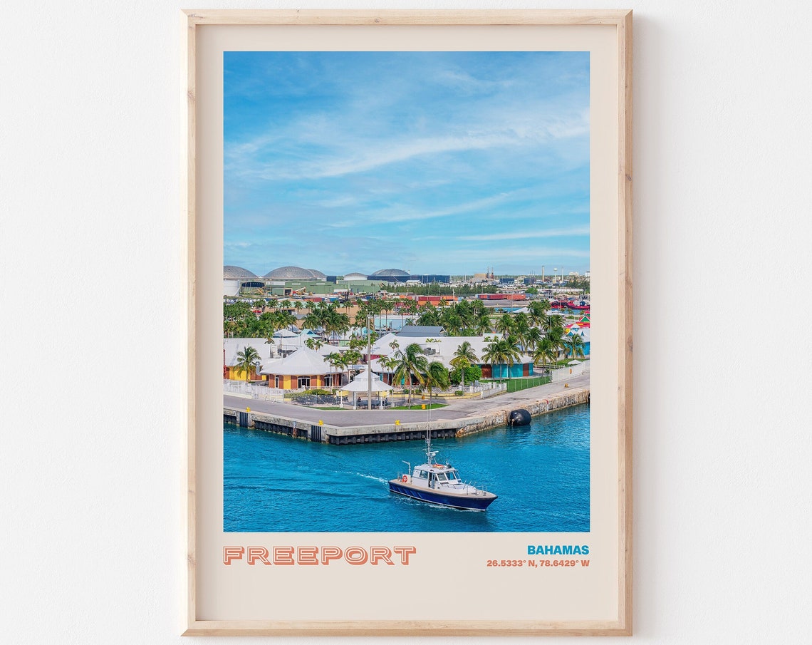 Freeport Bahamas Harbor Boat Palm Trees Coastal Scene Poster