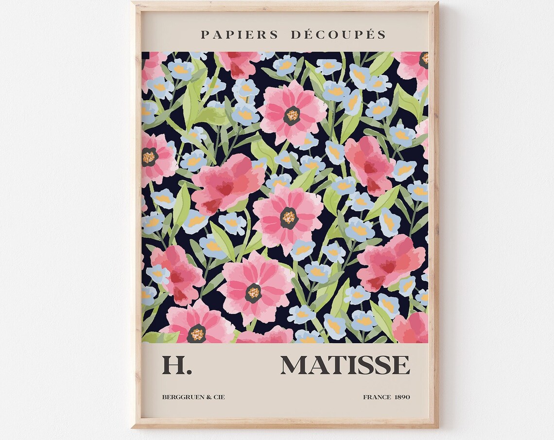 Henri Matisse Papiers Decoupes Pink Florals on Navy Art Poster