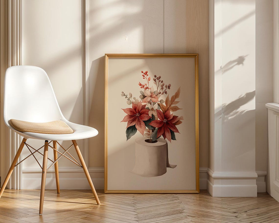 Christmas Toilet Roll Vase Poinsettia Funny Bathroom Wall Art