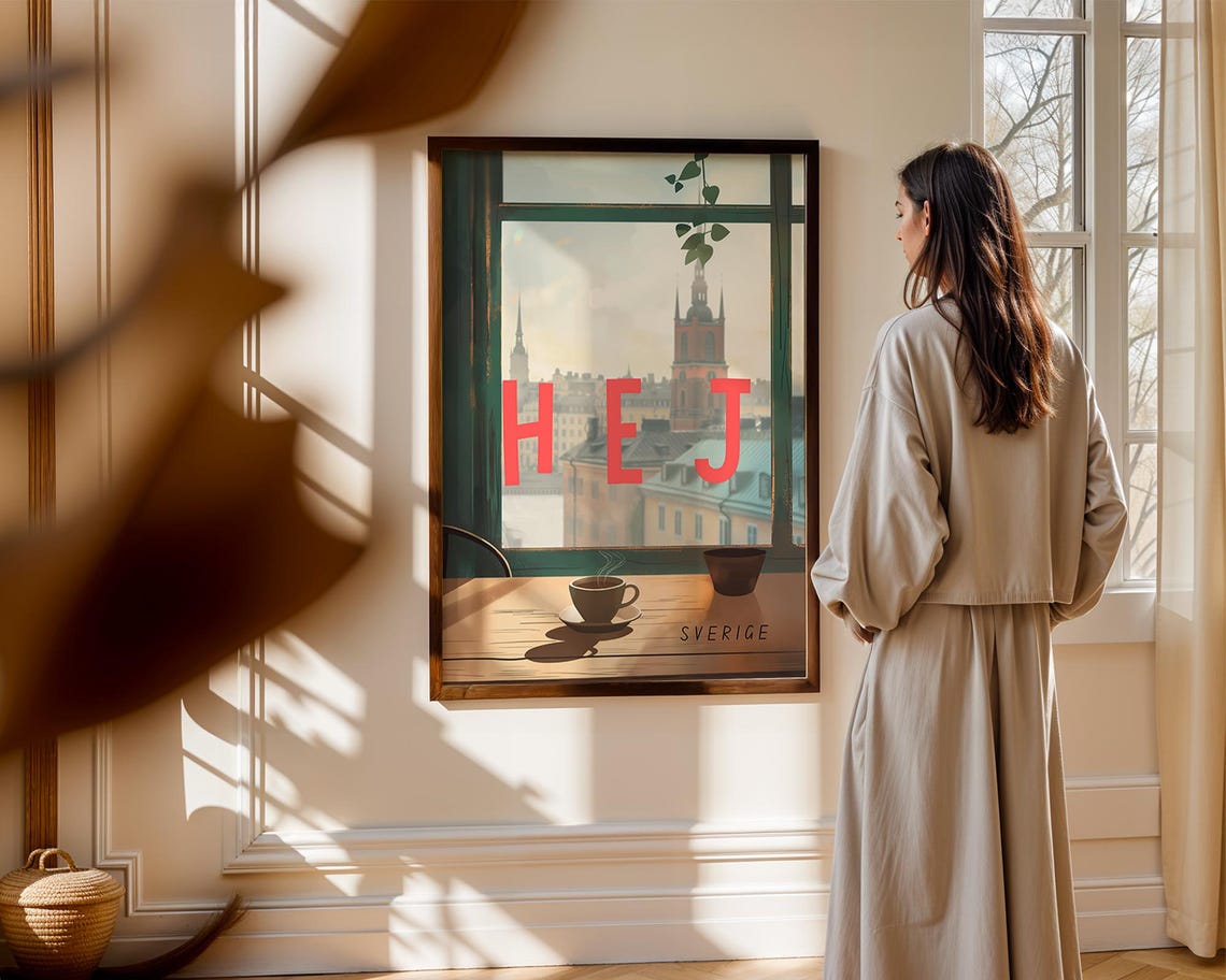 Hej Sweden Minimalist Stockholm Window Coffee Scandinavian Poster