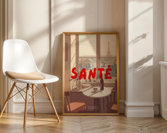 Cheers Sante Poster Prost Salud French Bar Cart Art Fun Decoration Typography Minimalistic