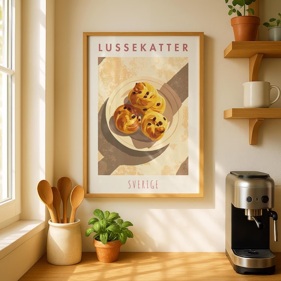 Lussekatter Sweden Saffron Buns Art Poster Swedish Fika Bakery Retro Kitchen Decor