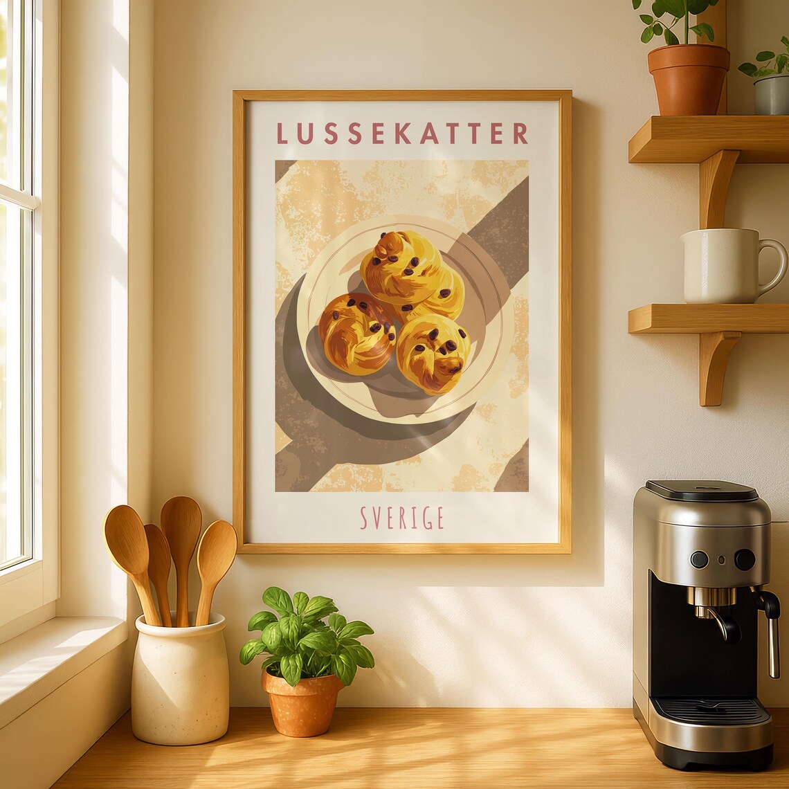 Lussekatter Sweden Saffron Buns Art Poster Swedish Fika Bakery Retro Kitchen Decor