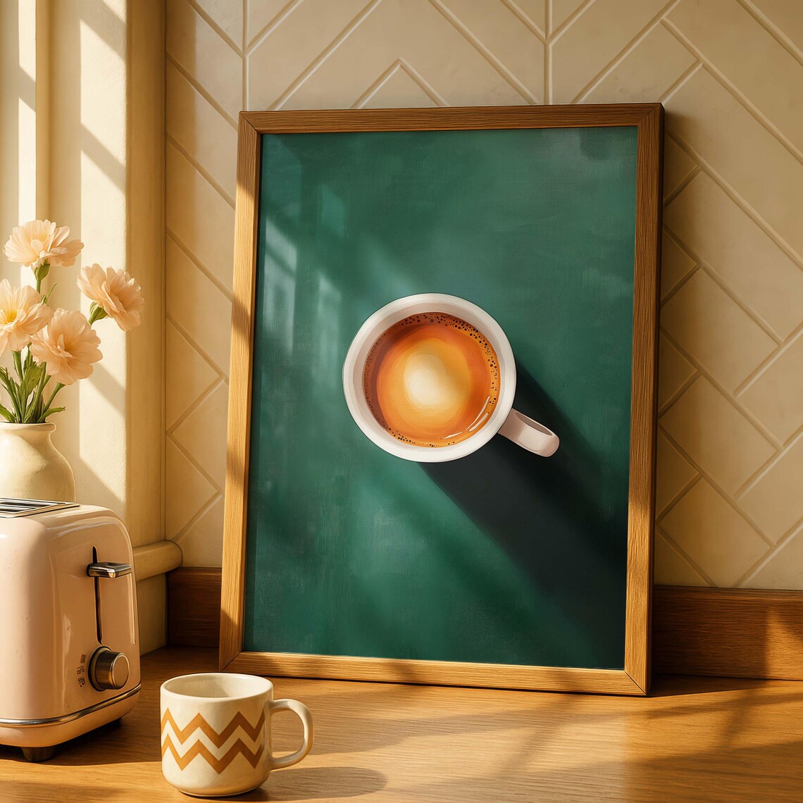 Emerald Green Coffee Print, Retro Nordic Cafe Art