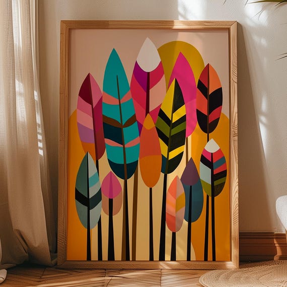 Modern Abstract Feather Art Print Bold Geometric Bird Feathers Mid Century Modern Wall Art Colorful Boho