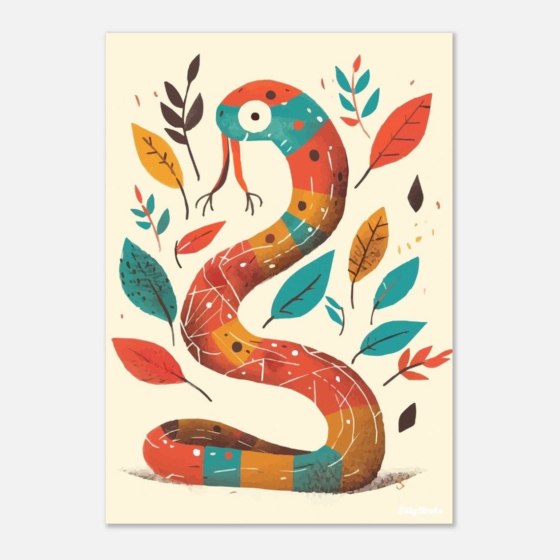 Colorful Patchwork Snake With Autumn Leaves Nursery Wall Poster - Image 2