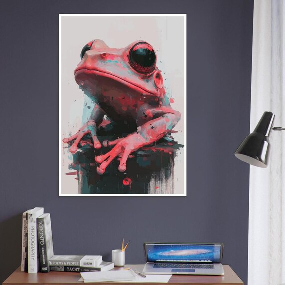Neon Pink Frog Close Up With Teal Paint Splash Artwork Poster