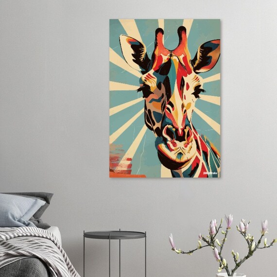 Pop Art Giraffe Portrait With Retro Sunburst Background Poster
