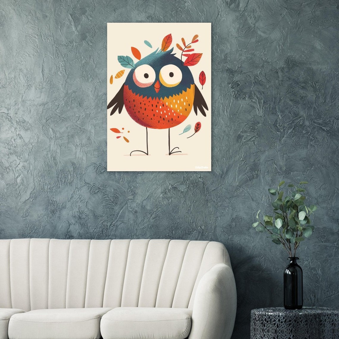 Round Owl Cartoon With Big Eyes Autumn Leaves Nursery Poster
