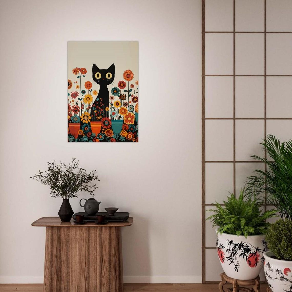 Black Cat Sitting Among Colorful Retro Flowers Folk Art Poster - Image 3