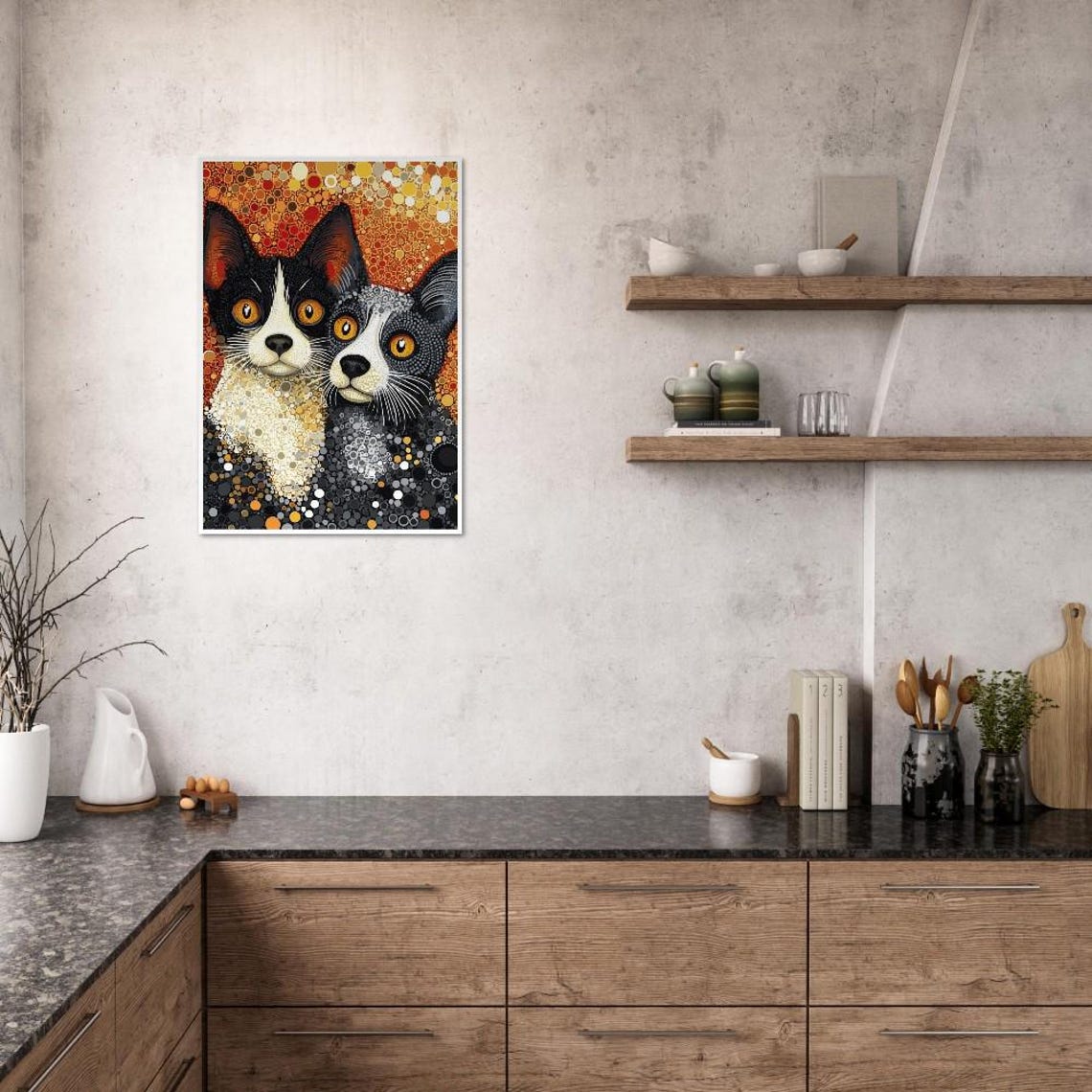Two Cute Cats In A Warm Golden Dot Art Mosaic Portrait Poster - Image 4