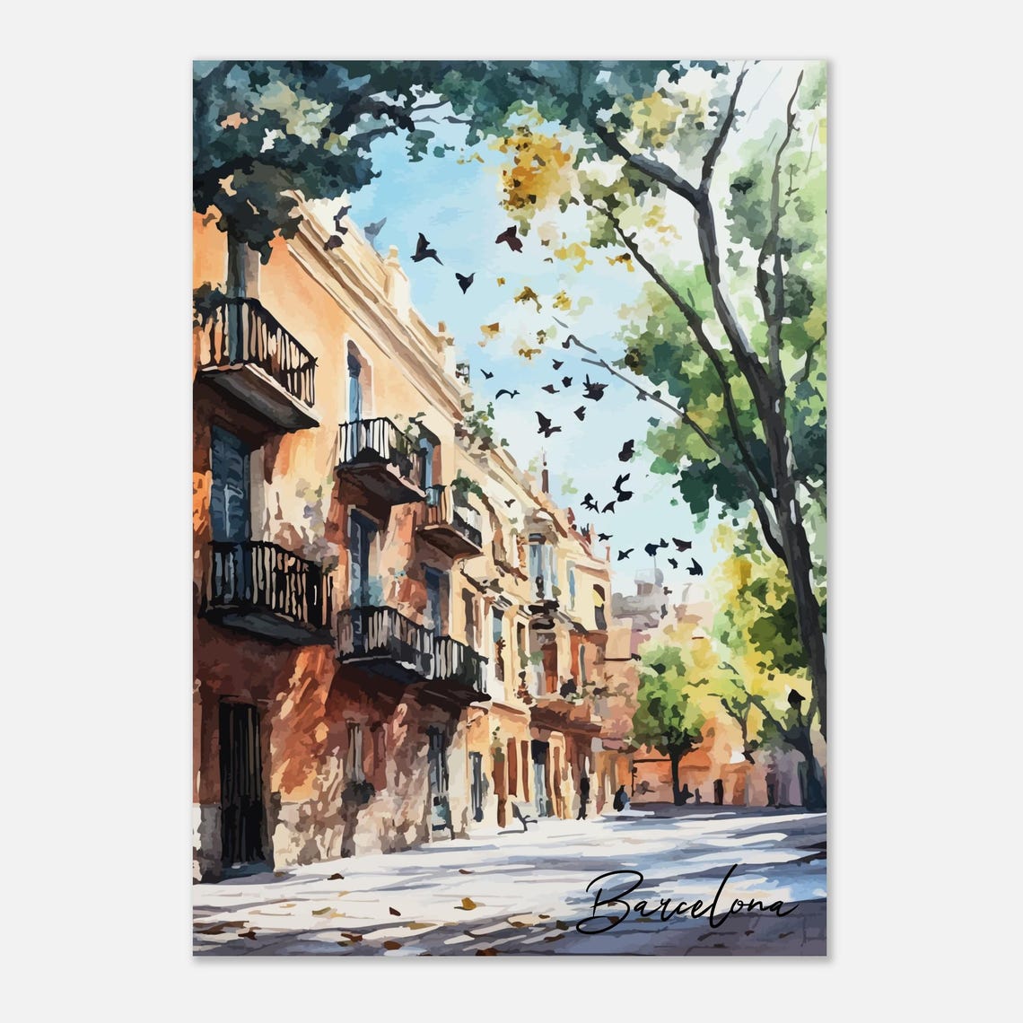 Barcelona Old Street Watercolor Spring Balconies Wall Poster