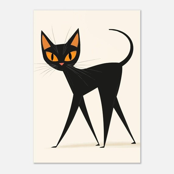 Retro Minimalist Black Cat With Glowing Amber Eyes Illustration Poster