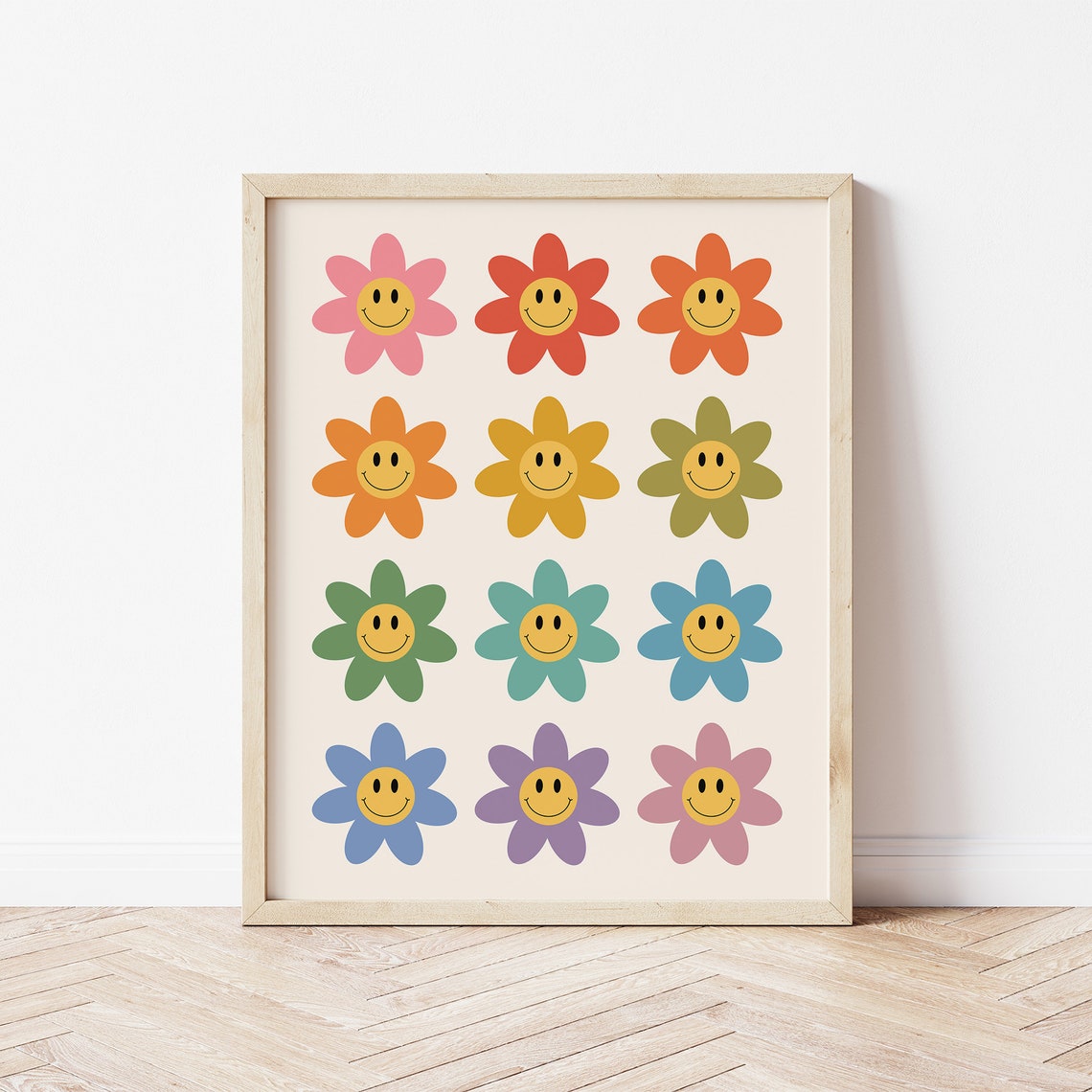 Retro Smiley Daisy Grid Colorful Groovy Flower Kids Wall Art