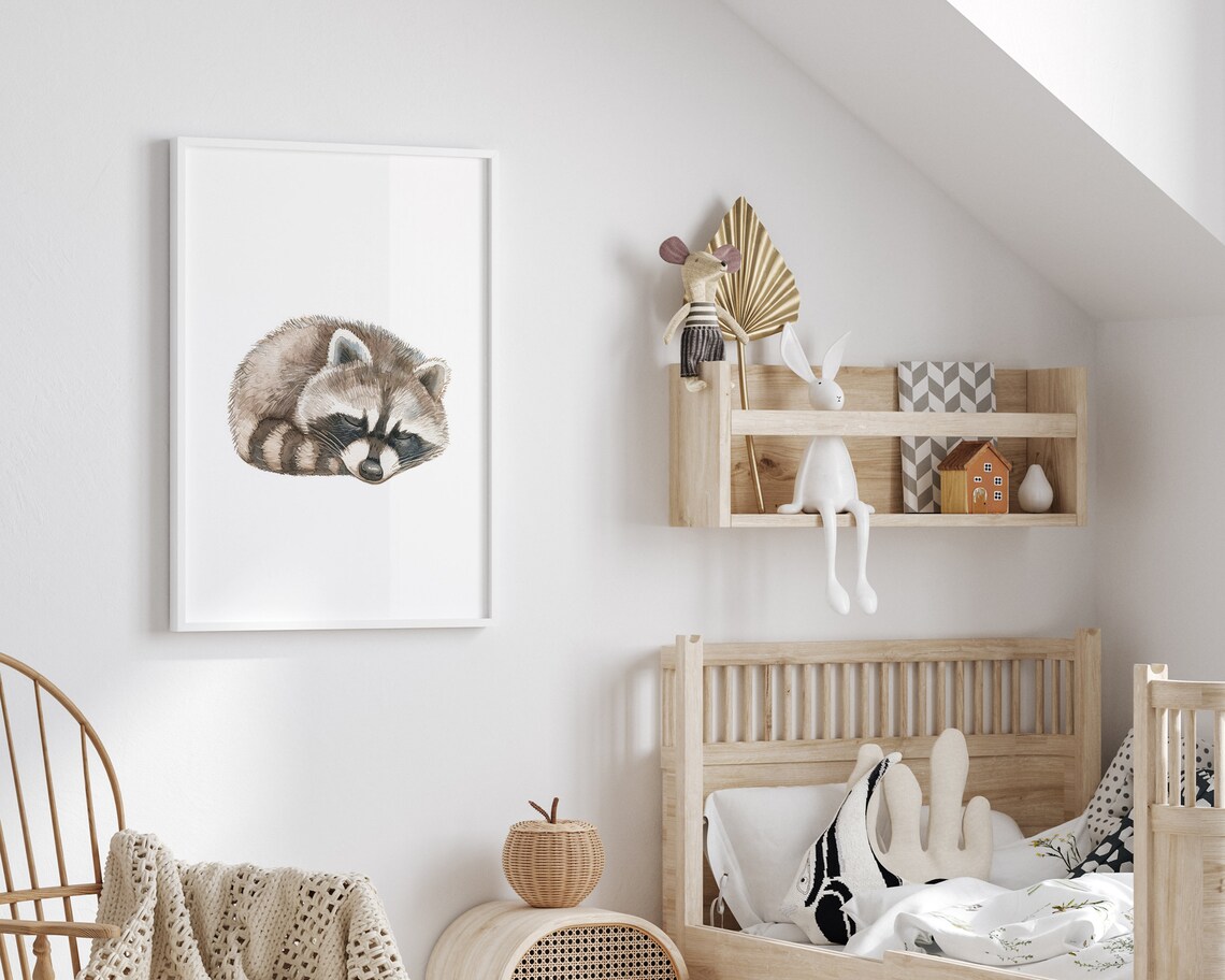 Sleeping Baby Raccoon Watercolor Woodland Forest Nursery Animal Poster - Image 2
