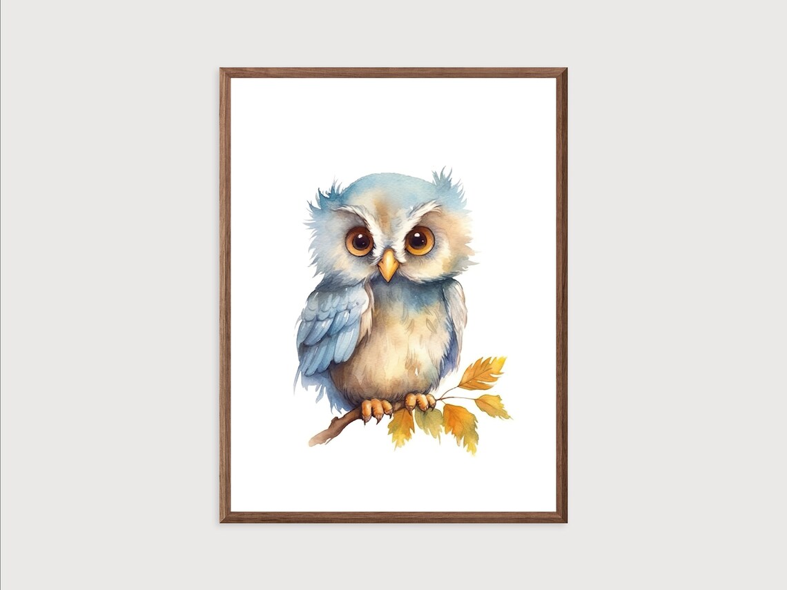 Cute Baby Owl on Autumn Branch Watercolor Portrait Nursery Wall Art - Image 2