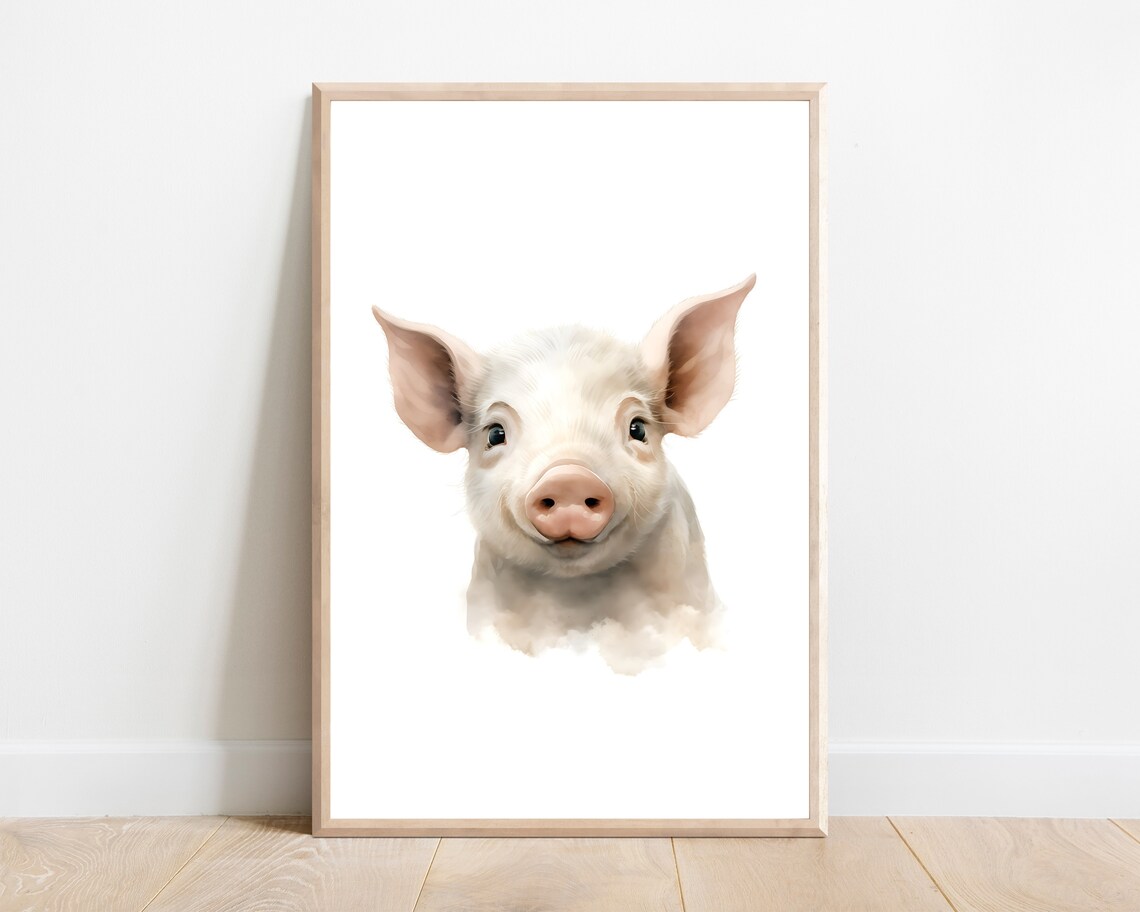 Adorable Baby Piglet Watercolor Portrait Farm Nursery Animal Poster