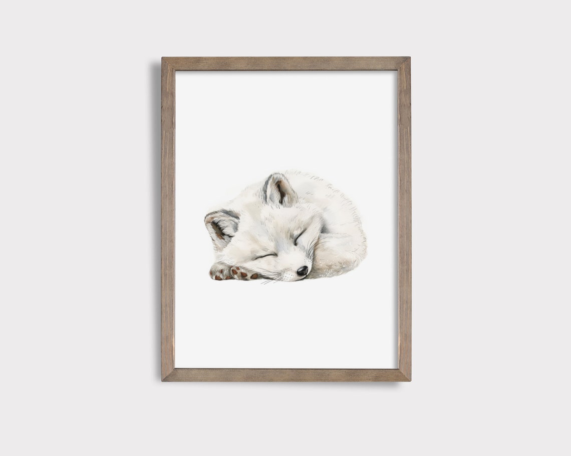 Sleeping Arctic Fox Pup Watercolor Cute Woodland Nursery Poster
