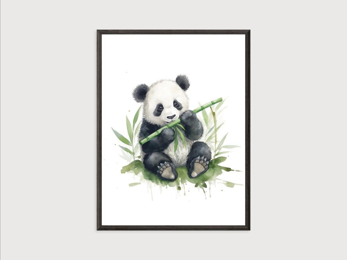 Adorable Baby Panda Eating Bamboo Cute Nursery Watercolor Wall Art - Image 2