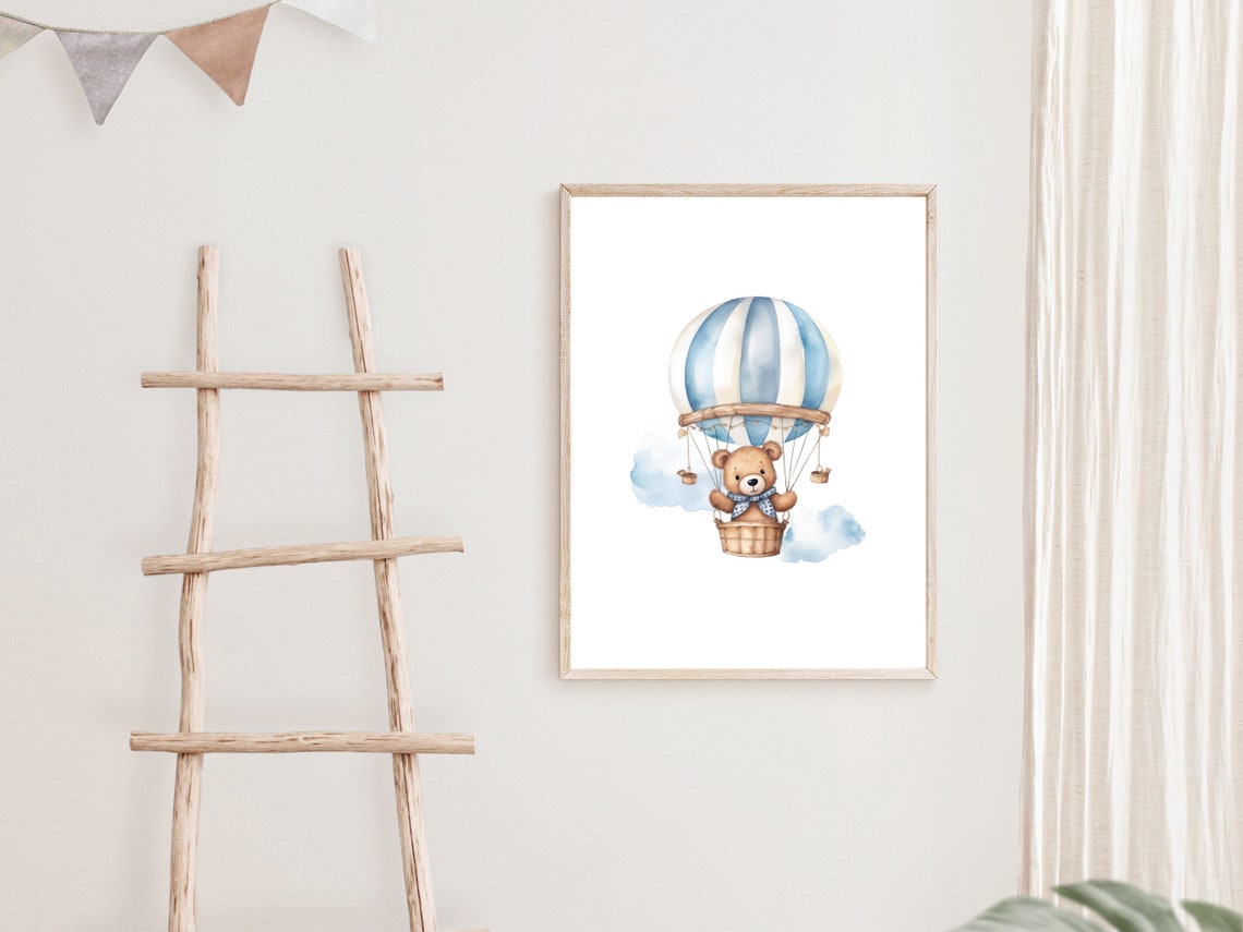 Teddy Bear Hot Air Balloon Blue Watercolor Nursery Room Wall Art - Image 2