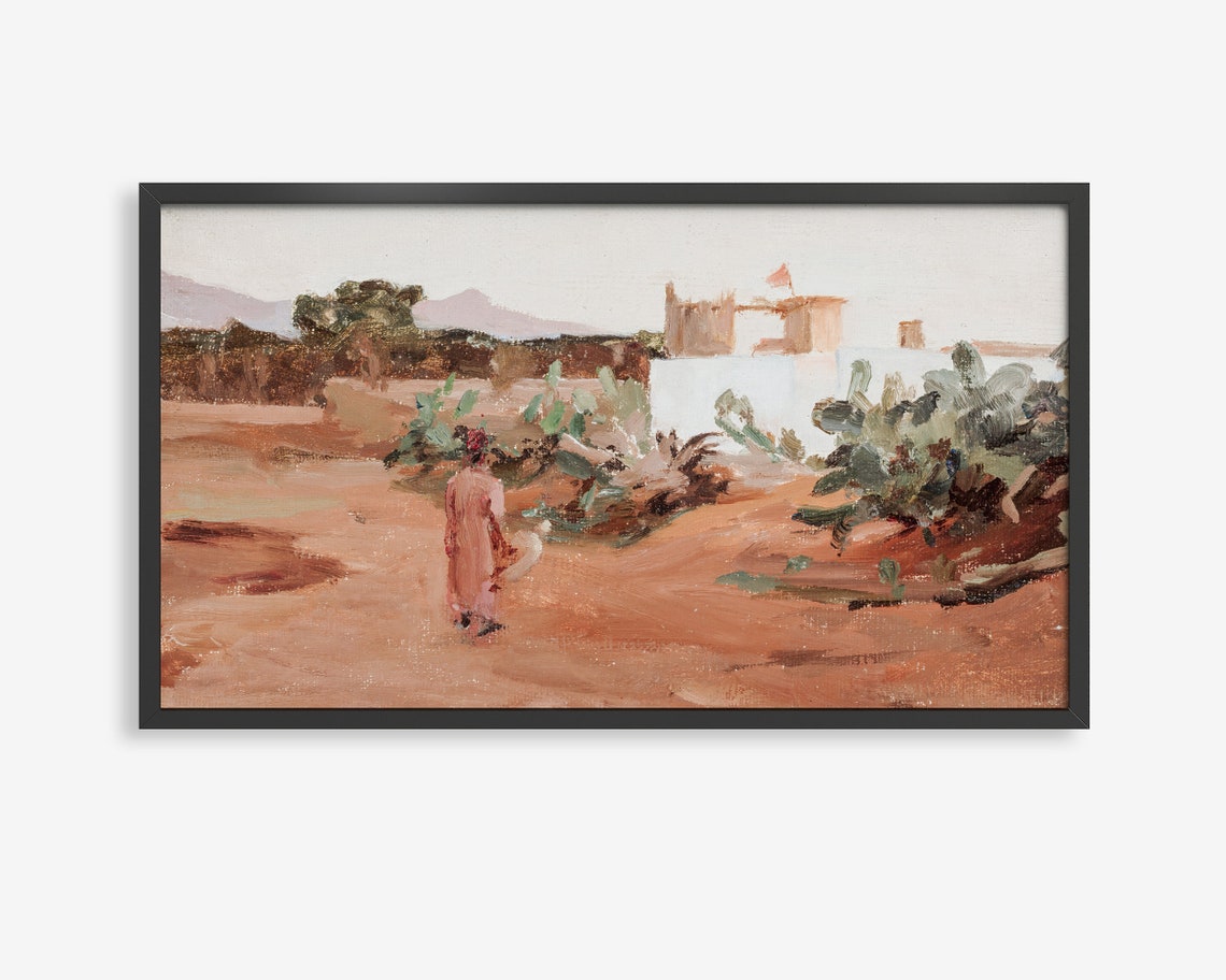Robed Figure in Desert Village Watercolor Poster Cactus Path Art