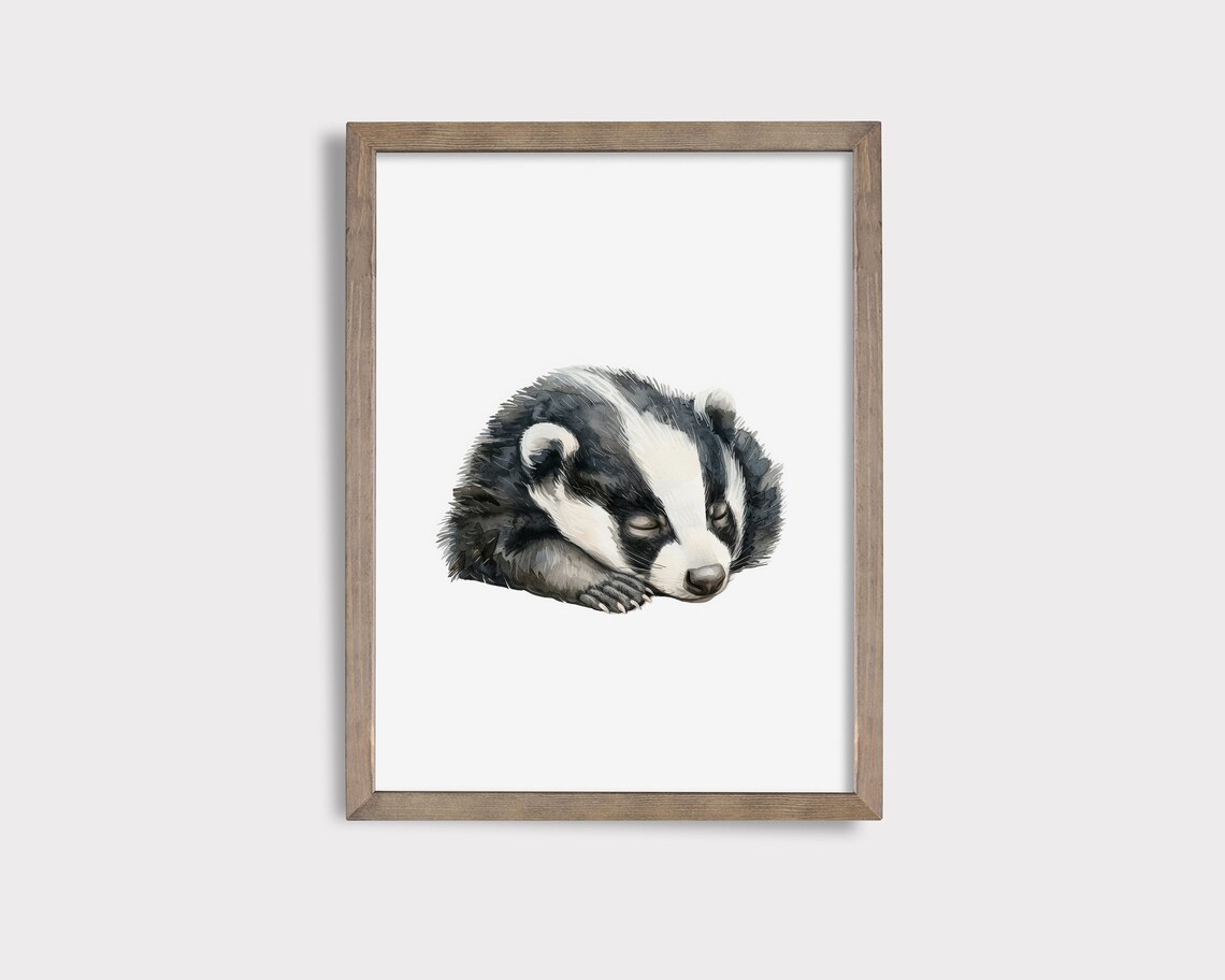 Sleeping Badger Watercolor Poster, Woodland Nursery Wall Decor
