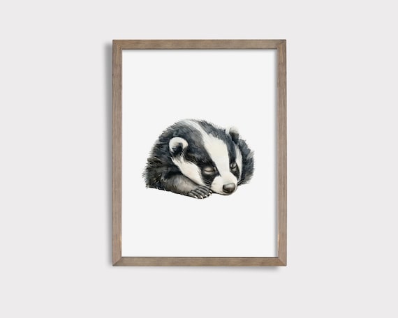 Sleeping Badger Watercolor Poster, Woodland Nursery Wall Decor