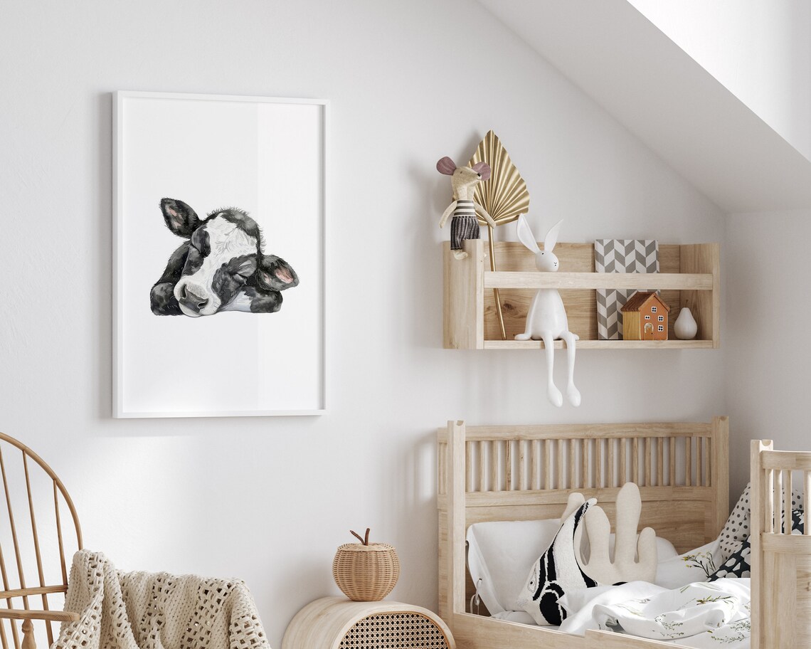 Sleeping Baby Cow Calf Black White Watercolor Nursery Wall Art - Image 2