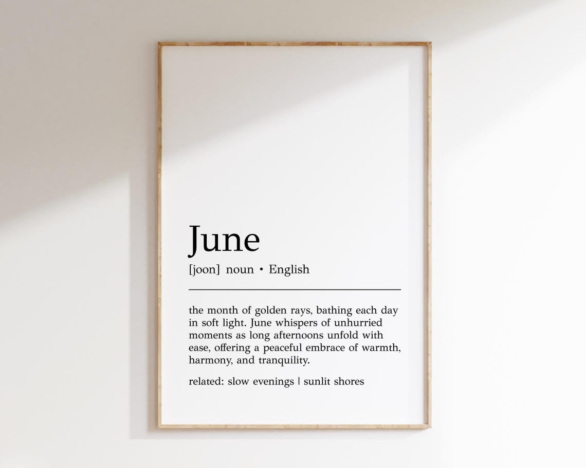 June Dictionary Definition Print, Summer Minimalist Wall Decor