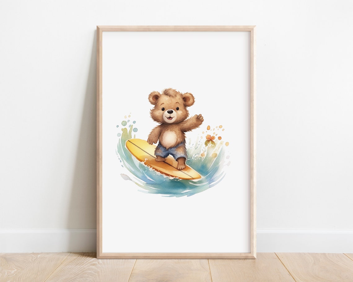 Surfing Teddy Bear Watercolor Poster, Beach Nursery Wall Decor
