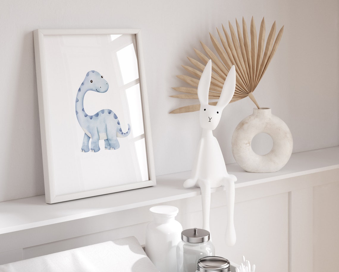 Sweet Blue Baby Long Neck Dinosaur Watercolor Nursery Wall Poster - Image 2
