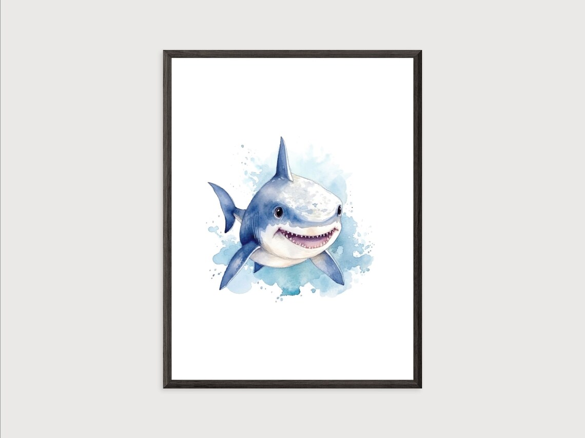 Smiling Baby Shark Watercolor Nursery Under the Sea Animal Poster - Image 2