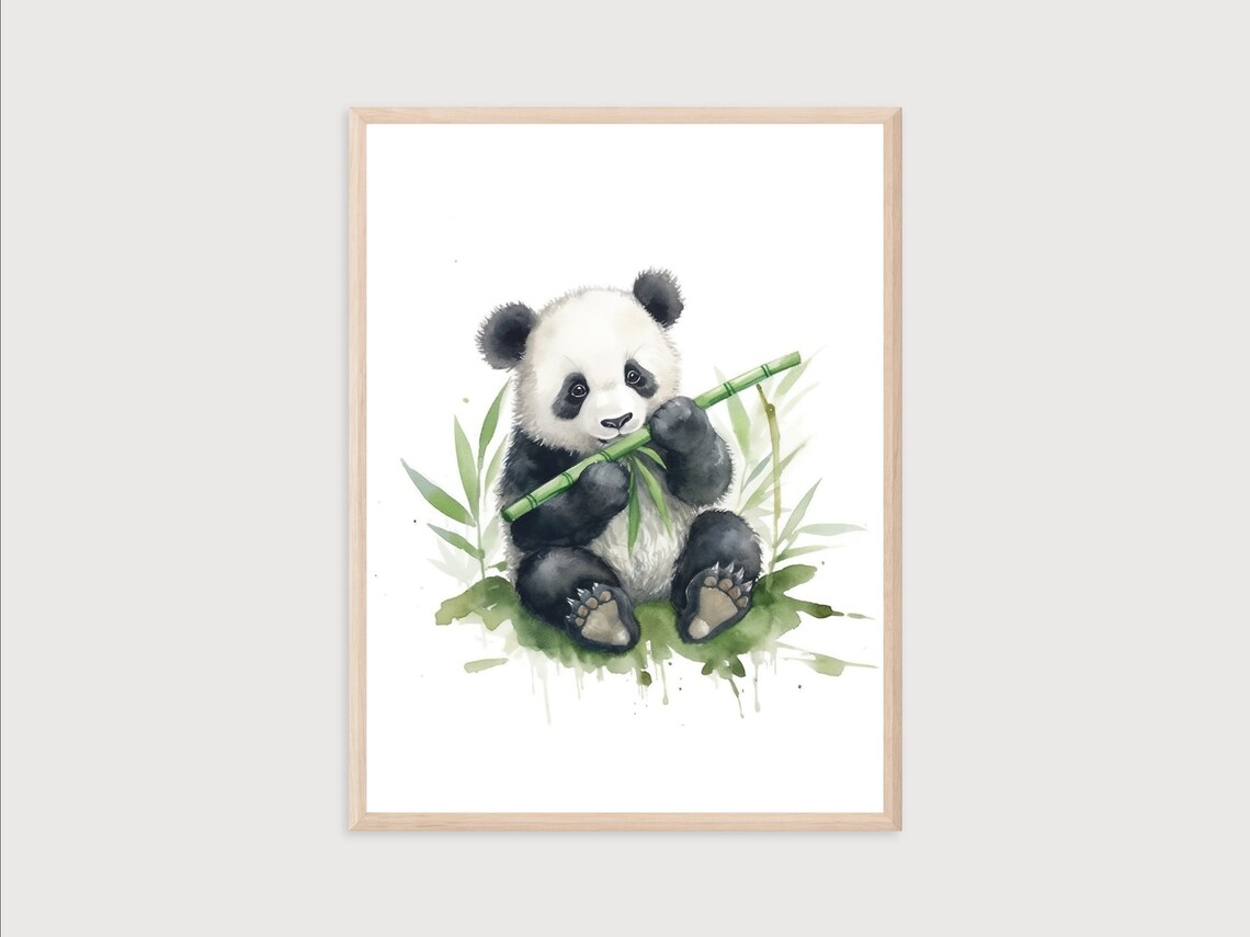 Adorable Baby Panda Eating Bamboo Cute Nursery Watercolor Wall Art