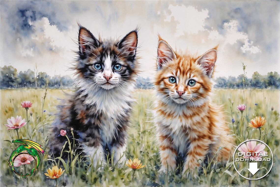 Two Fluffy Kittens in Sunny Wildflower Meadow Watercolor Poster