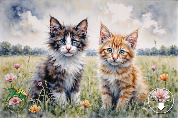 Two Fluffy Kittens in Sunny Wildflower Meadow Watercolor Poster