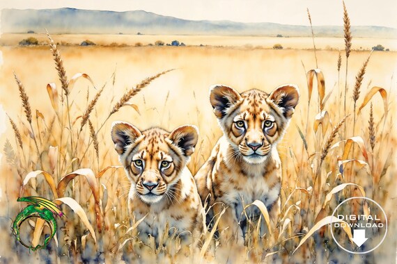 Pair of Lion Cubs Hiding in Savanna Grass Gentle Watercolor Poster