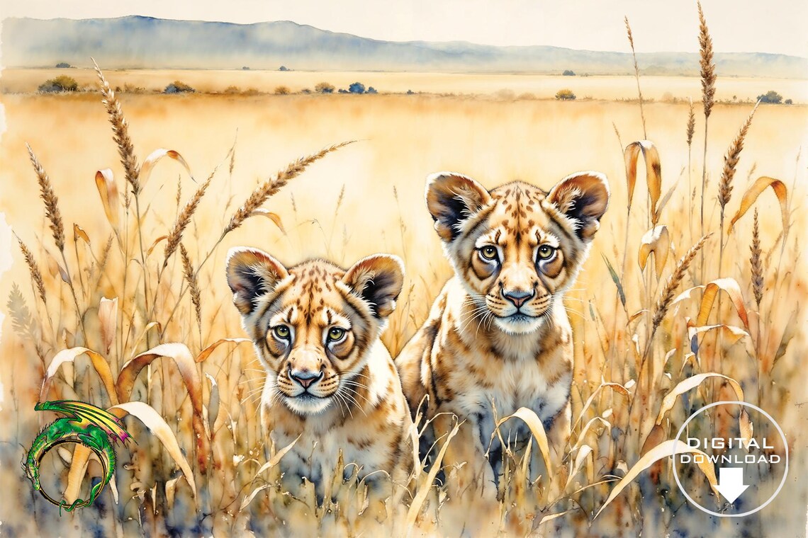 Pair of Lion Cubs Hiding in Savanna Grass Gentle Watercolor Poster
