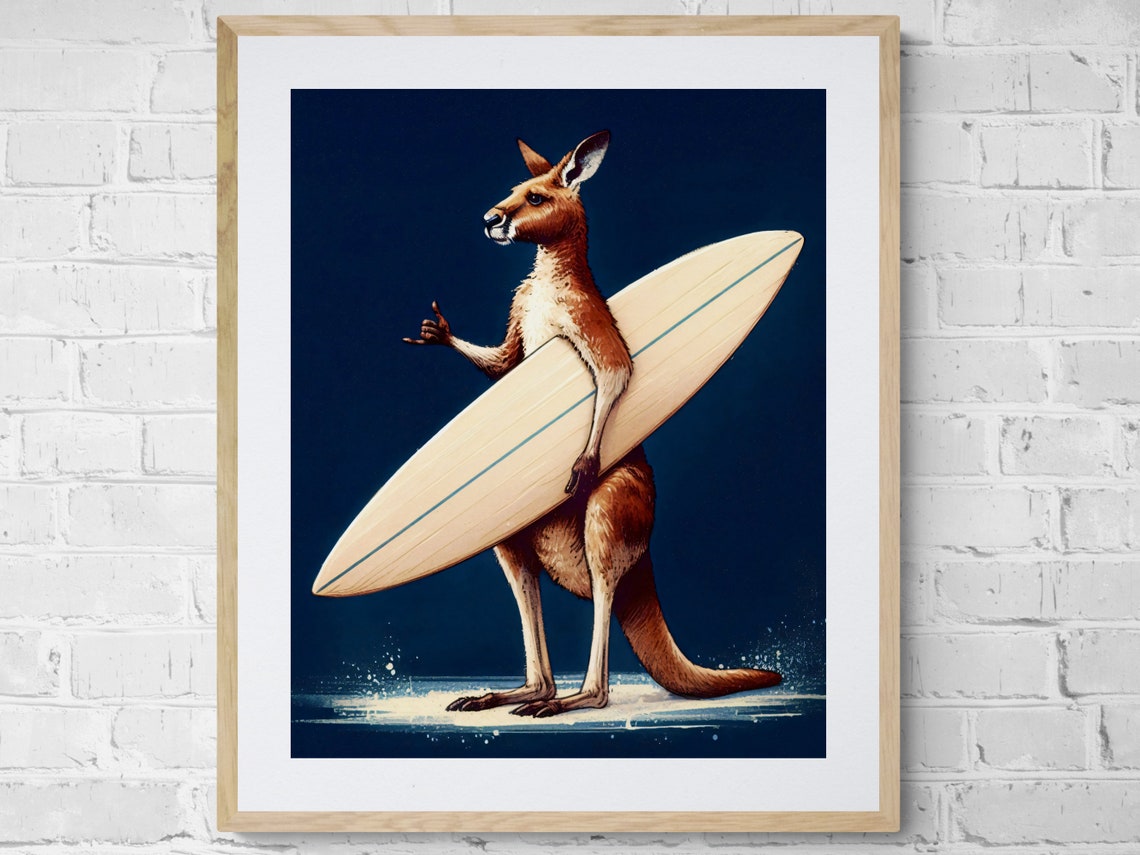 Surfing Kangaroo With Surfboard Navy Vintage Animal Funny Print