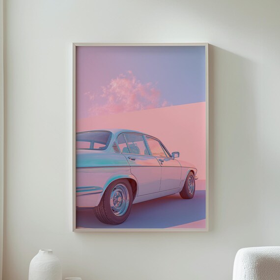 Minimalist Plant Art Retro Classic Car Wall Decor Tropical Botanical Artwork Pastel Sky Home Vintage Lovers Gift
