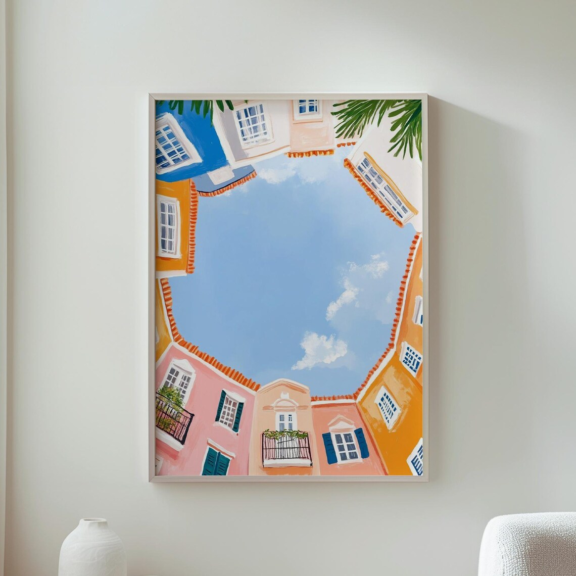 Colorful Courtyard Sky View Mediterranean Houses Illustration Poster