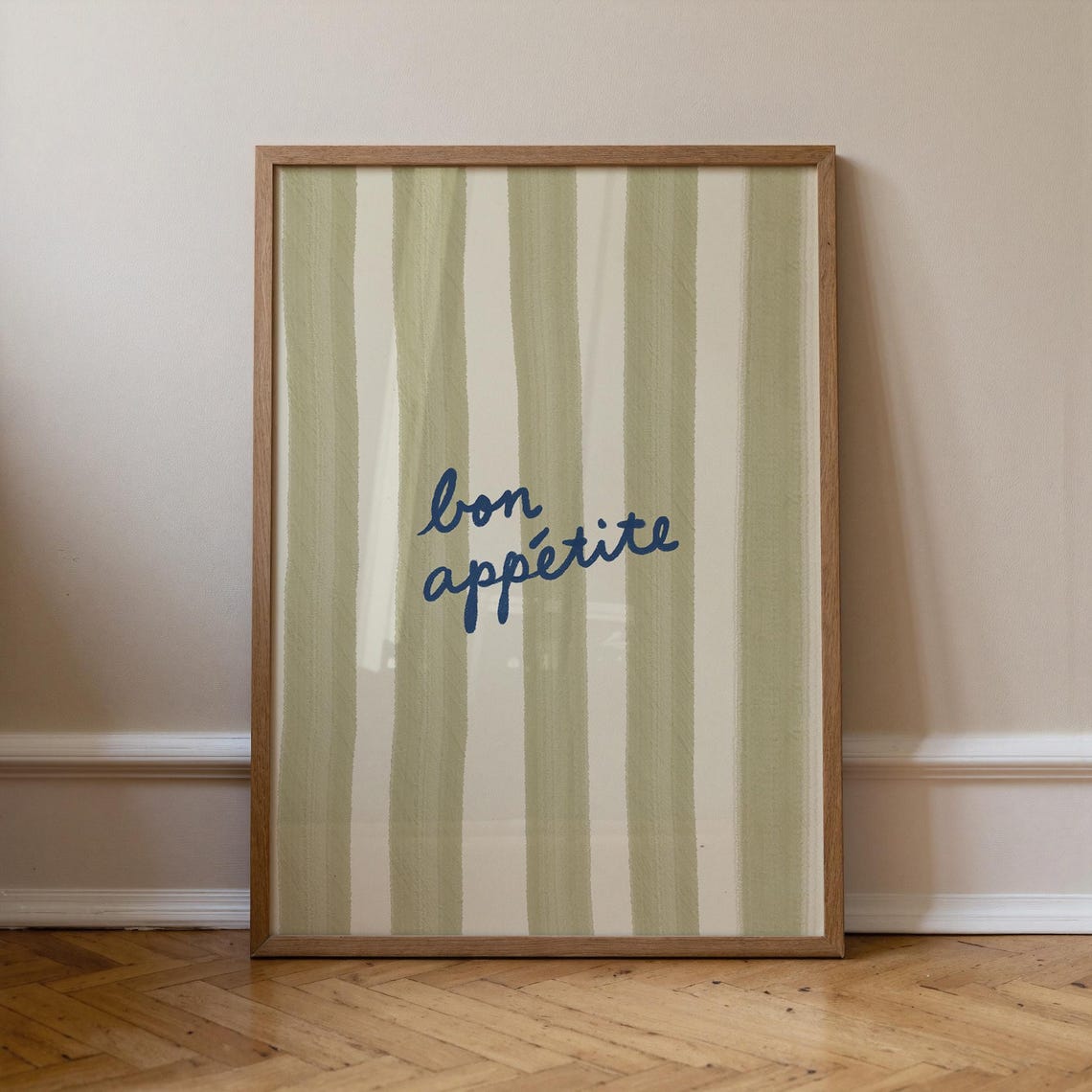 Bon Appétite Navy Script Sage Striped French Kitchen Wall Art