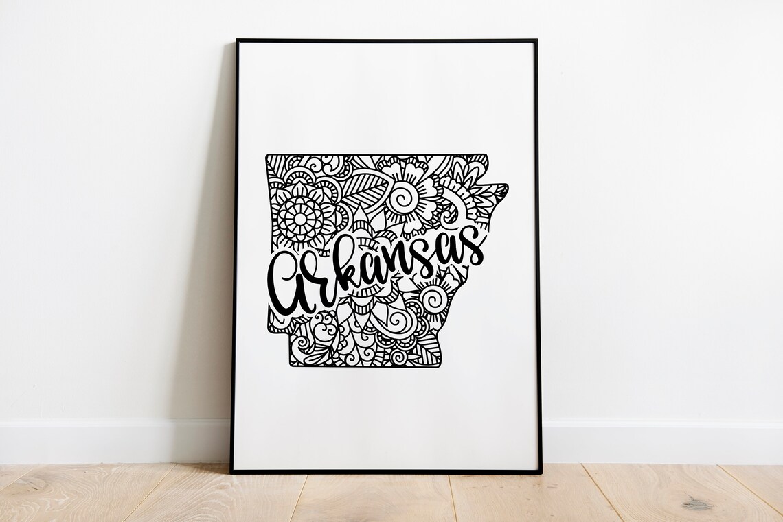 Arkansas Floral Mandala State Outline Map Black White Home Decor Poster - Image 2