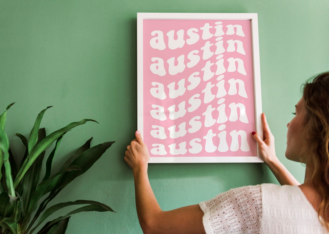 Austin Texas Groovy Retro Repeated Text Poster Pink White Fun Style - Image 3
