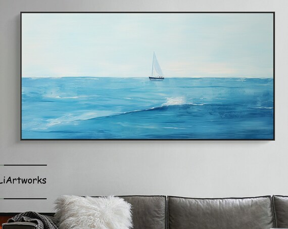 Minimalist Blue Ocean With Lone Sailboat Calm Seascape Poster