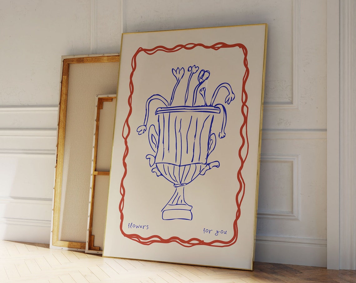 Flowers For You Blue Urn Drawing Red Wavy Border Modern Floral Poster