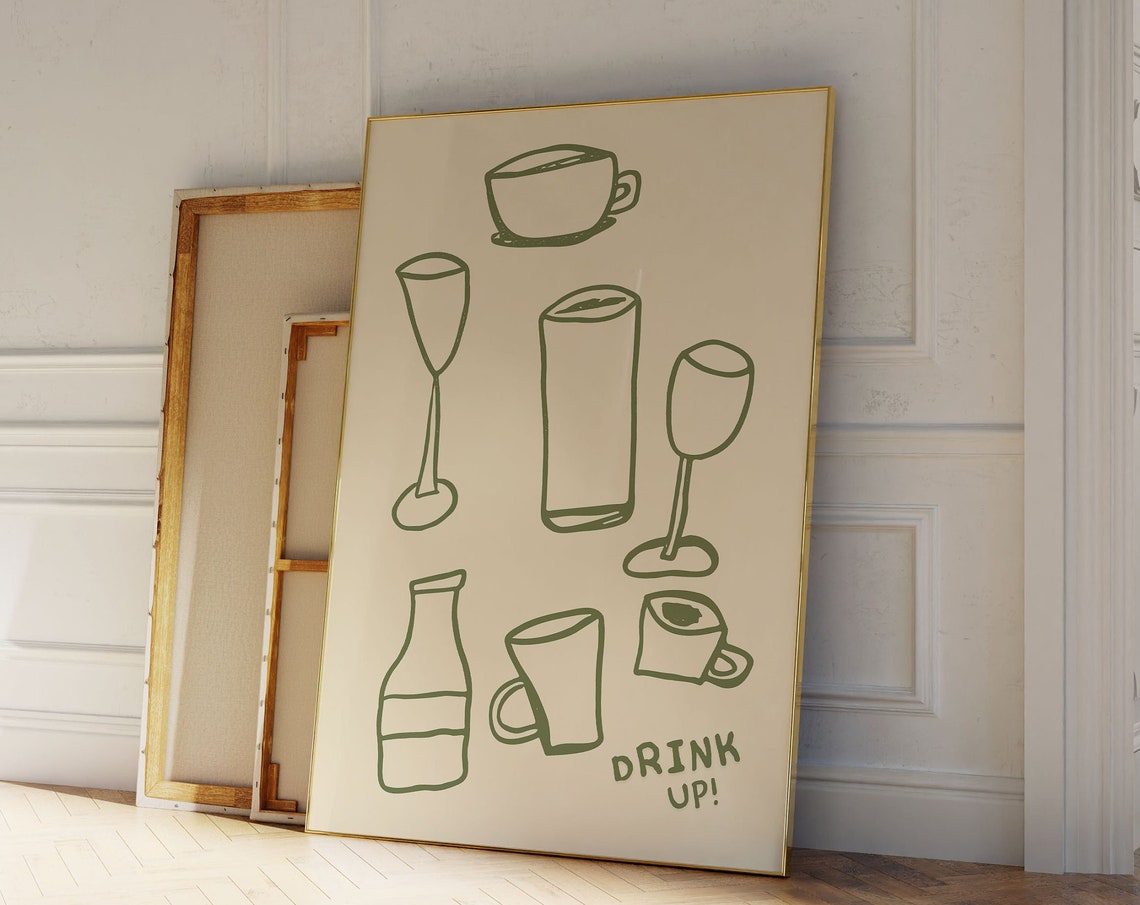 Cream Green Line Art Drink Glasses Drink Up Minimal Bar Poster