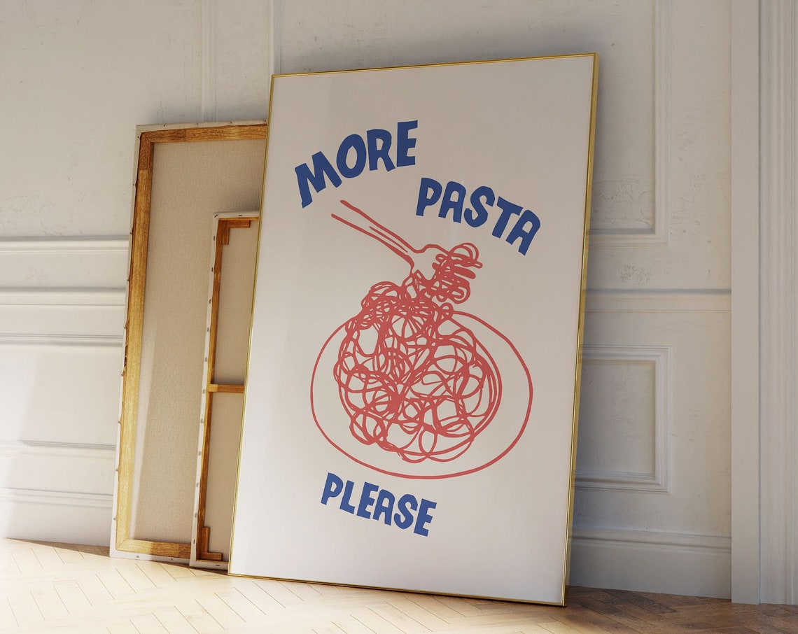 More Pasta Please Fork Spaghetti Drawing Blue Red Foodie Poster