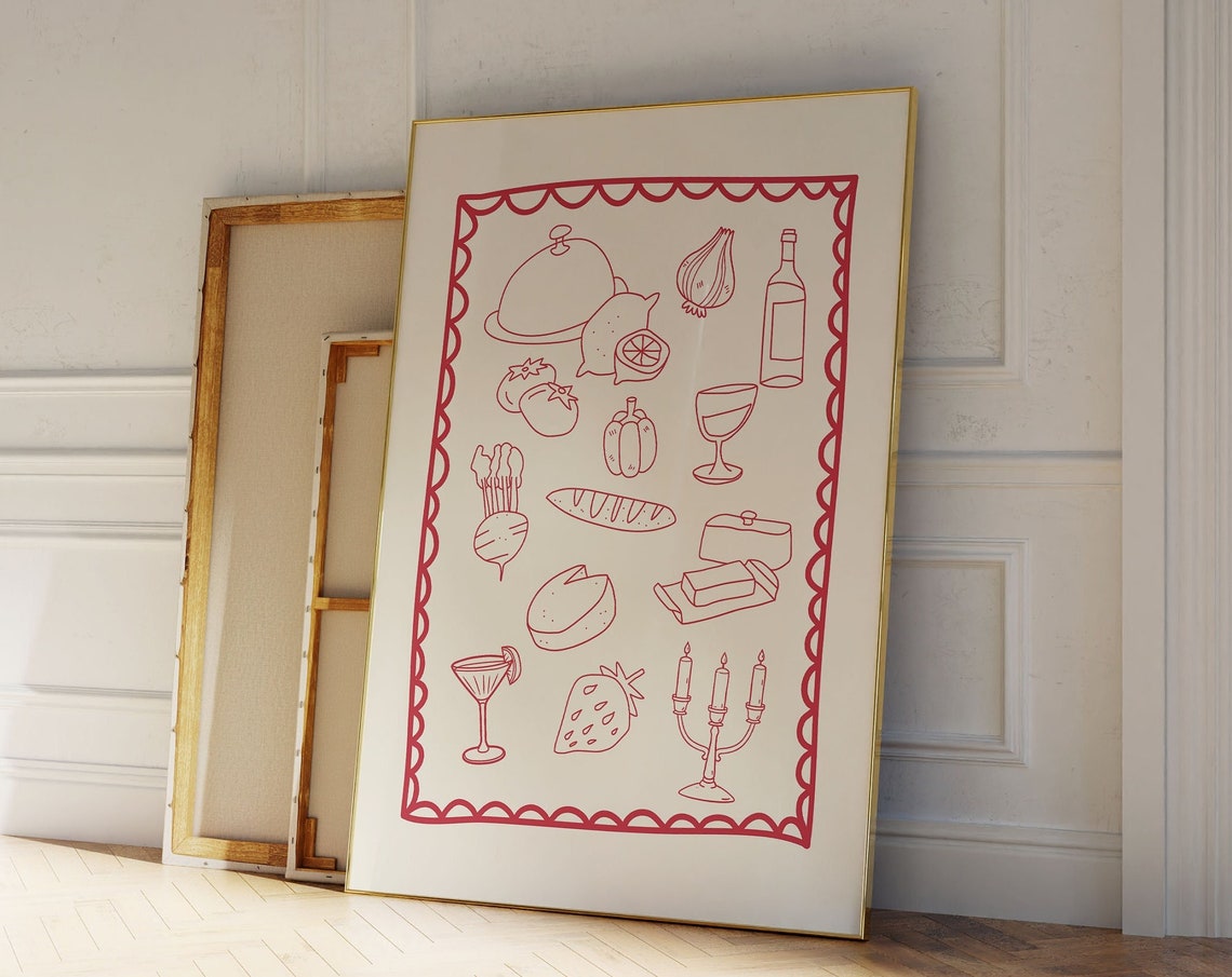Dinner Party Red Line Art Food Collage Scalloped Kitchen Poster - Image 4