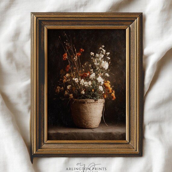 Moody Vintage Style Fall Floral Print Autumn Botanical Wall Art Rustic Farmhouse Decor Country Cottage Flower Basket